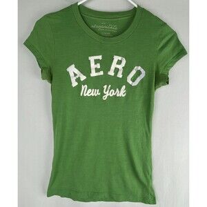 Aeropostale T-Shirt Baby Tee Womens Large Green Cap Sleeve Distressed Logo